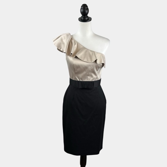 WHBM Cocktail Dress Size 2 One Shoulder Bodycon Ruffle Gold Black Belted Lined - Picture 1 of 13